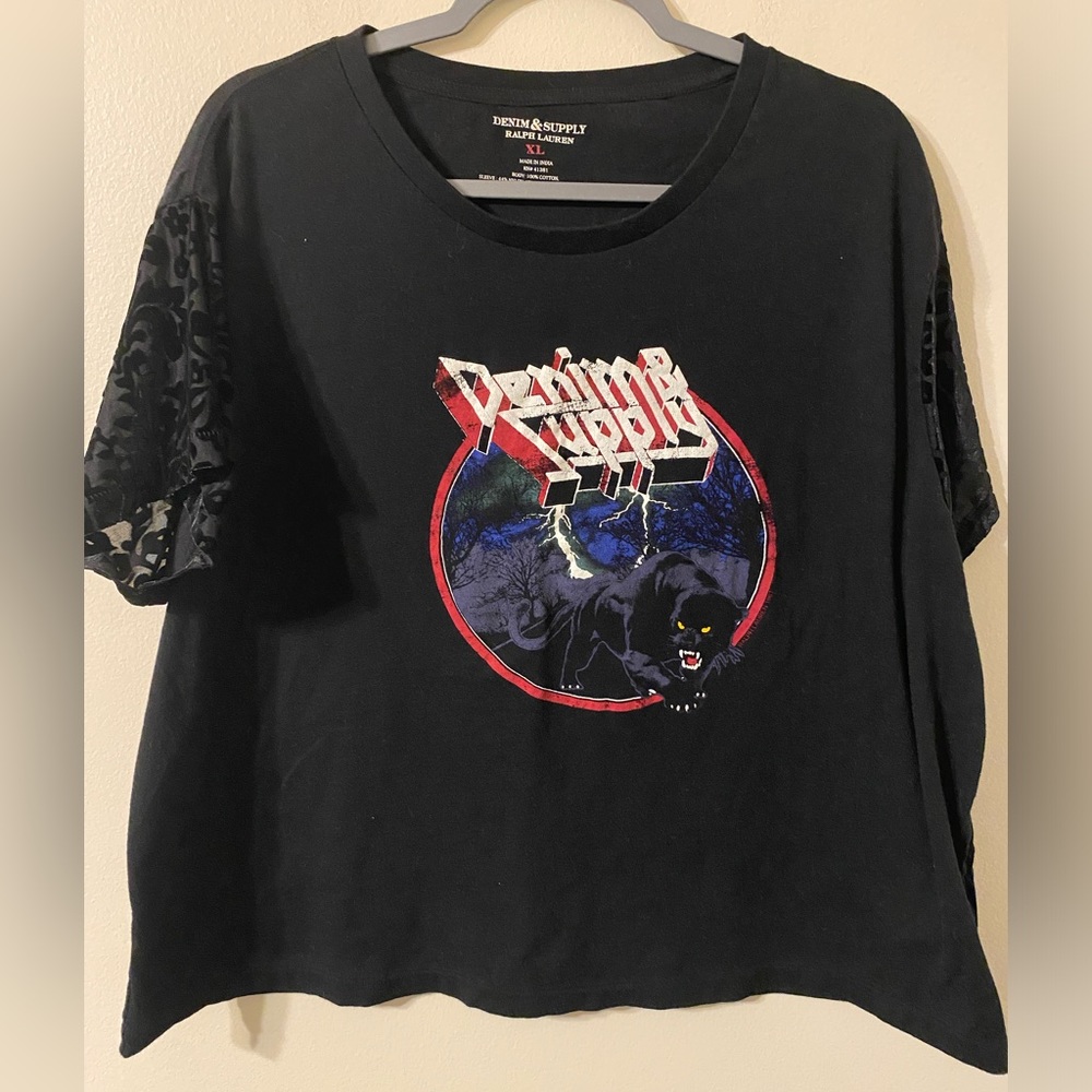 Womens Ralph Lauren Denim & Supply Panther Rock N Roll‎ Velour Sleeves Tee Sz XL